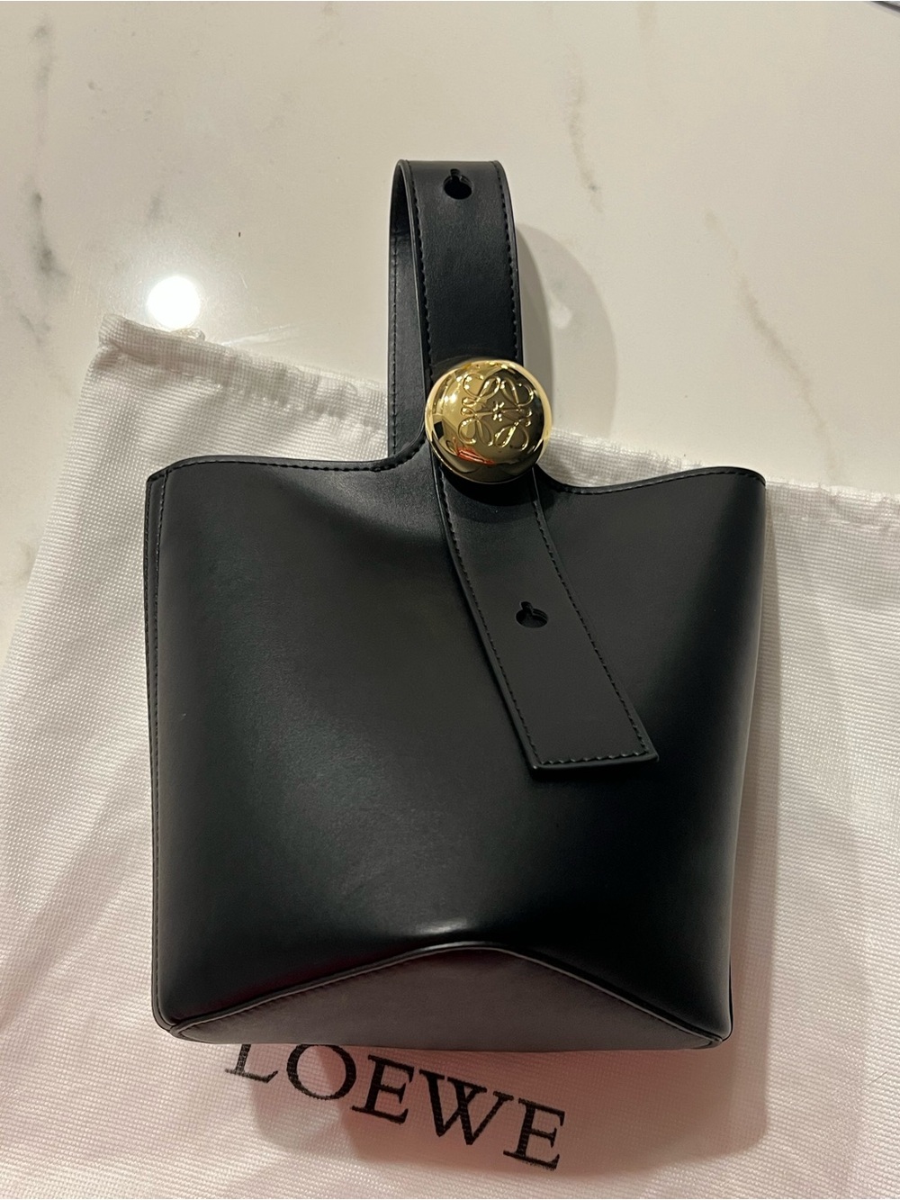 Loewe copy Black Mini Leather Bucket Bag with Gold Button